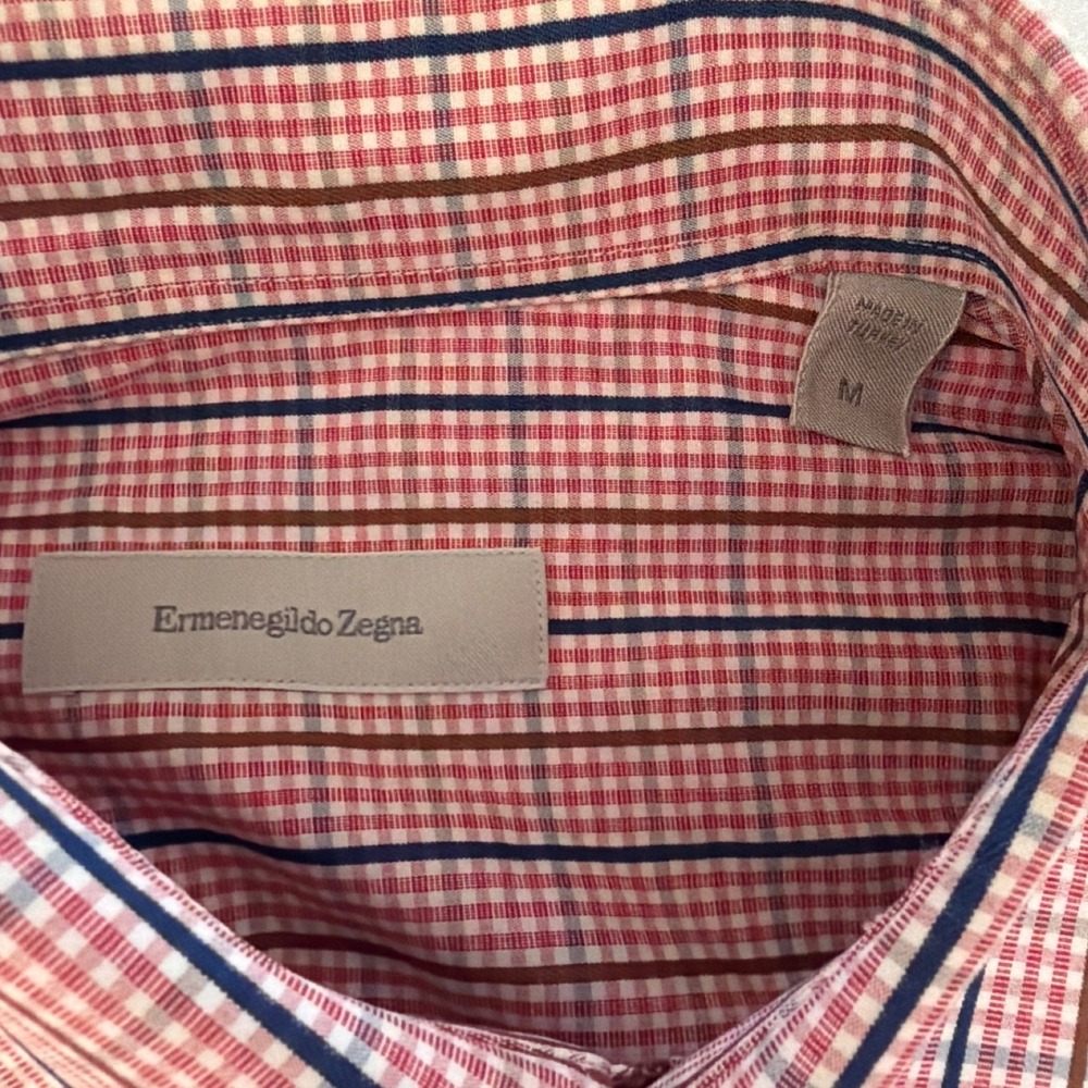 Ermenegildo Zegna Men Medium Red Blue Check Cotton Long Sleeve Button Down Shirt - Picture 9 of 11